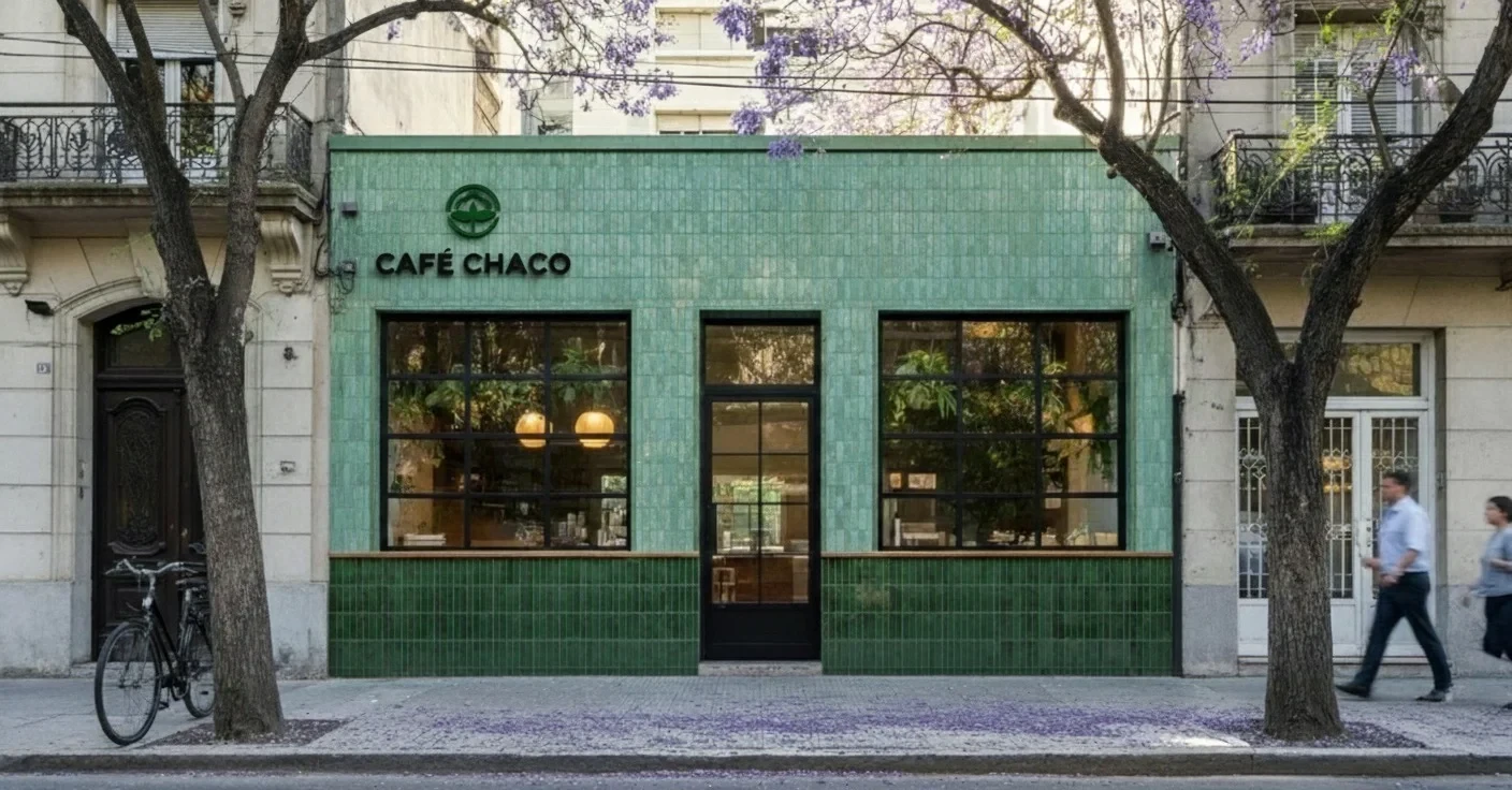Fachada de Café Chaco con revestimiento cerámico verde, logo de marca y ventanales al frente