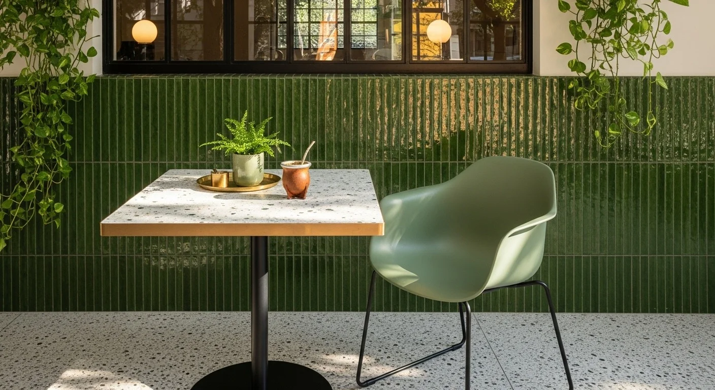 Mesa interior de Café Chaco con silla verde, revestimiento cerámico y plantas naturales en un ambiente luminoso