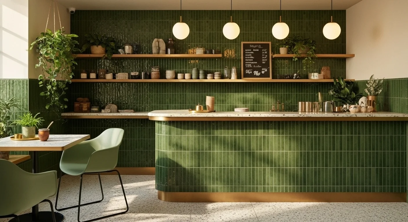 Barra y mostrador de Café Chaco con azulejos verdes, estanterías de madera, plantas y luminarias colgantes