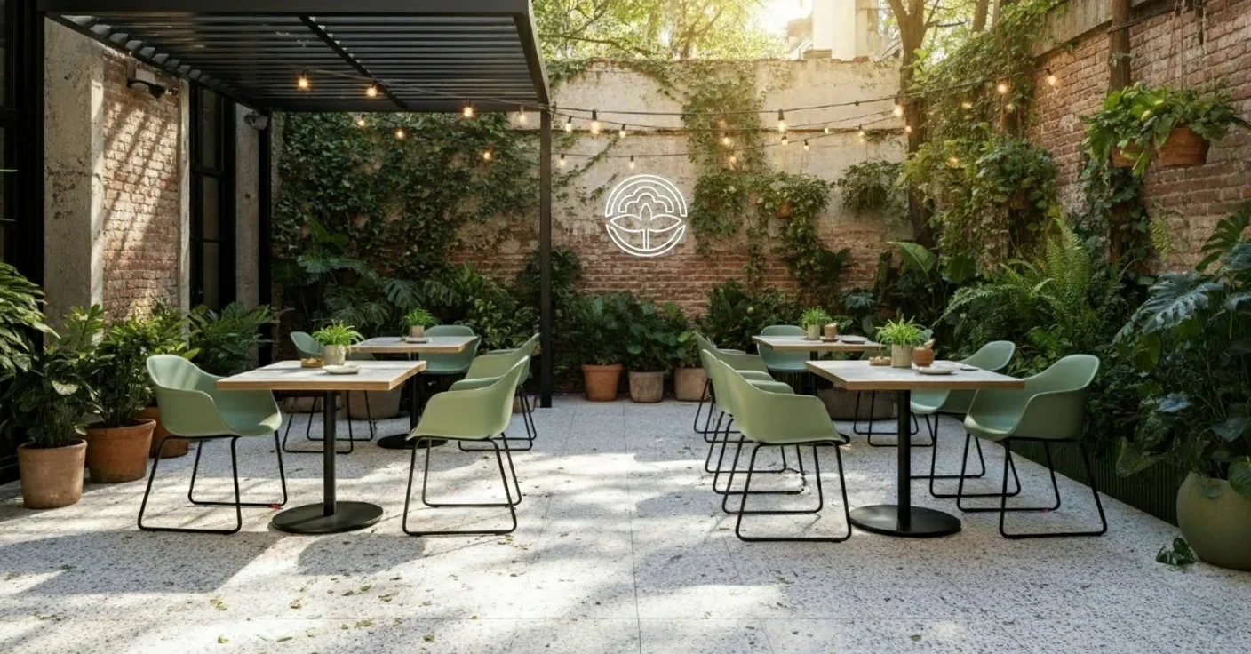 Patio exterior de Café Chaco con mesas y sillas verdes, vegetación abundante y diseño arquitectónico abierto
