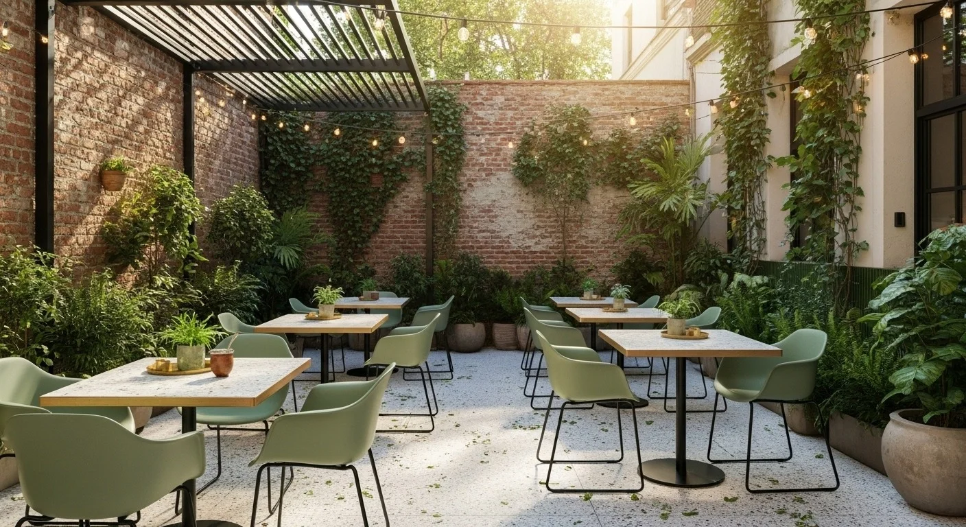 Área exterior de Café Chaco con mesas, sillas verdes, muros de ladrillo y plantas naturales