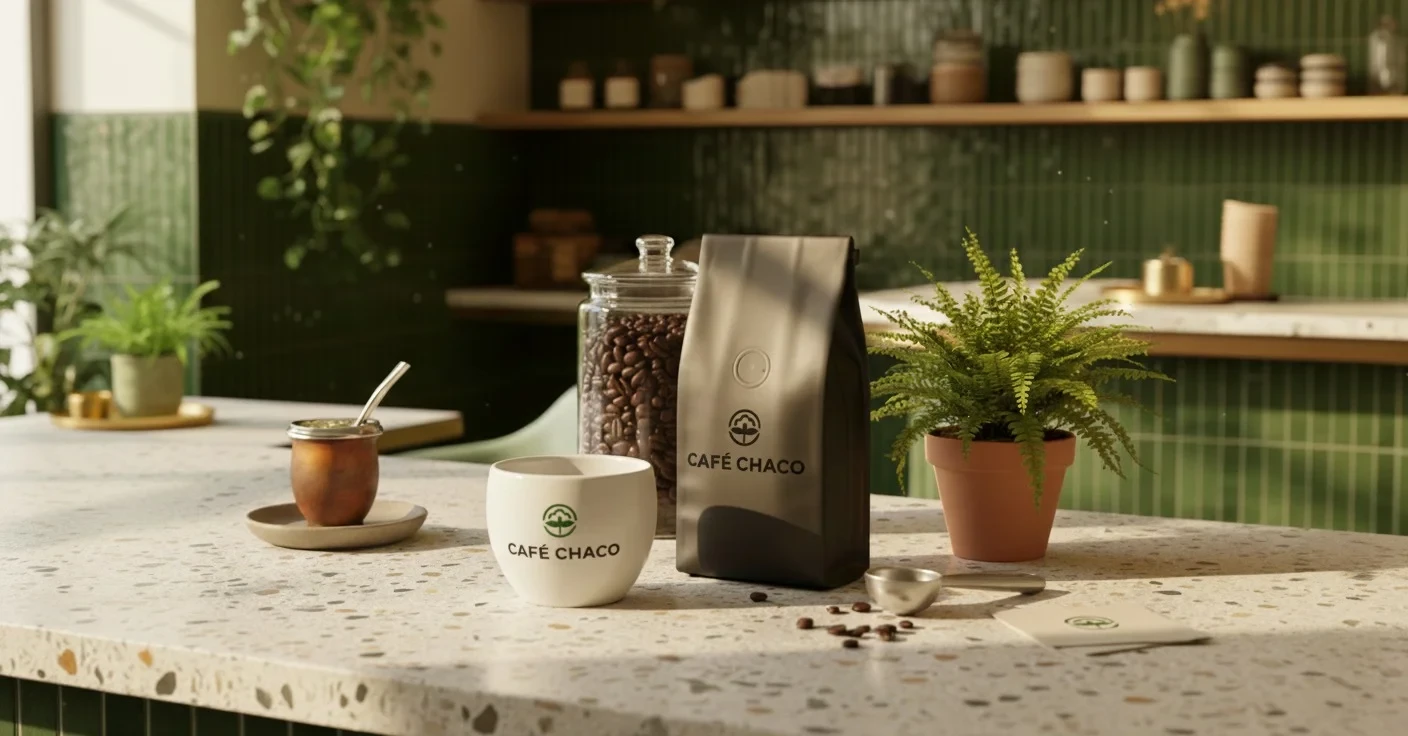 Bolsa de café Café Chaco junto a taza, frasco con granos y plantas sobre mostrador de diseño interior verde