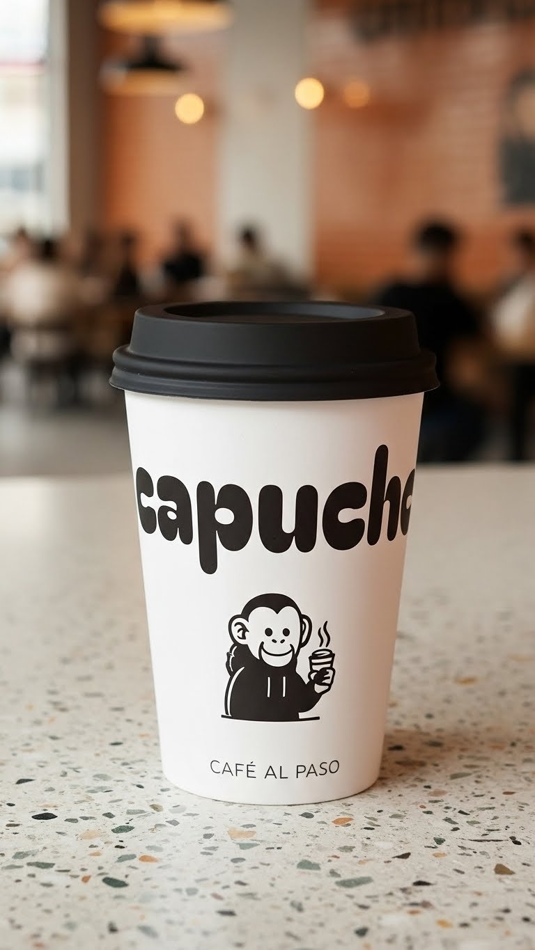 Vaso take away de Café Capucho con identidad de marca