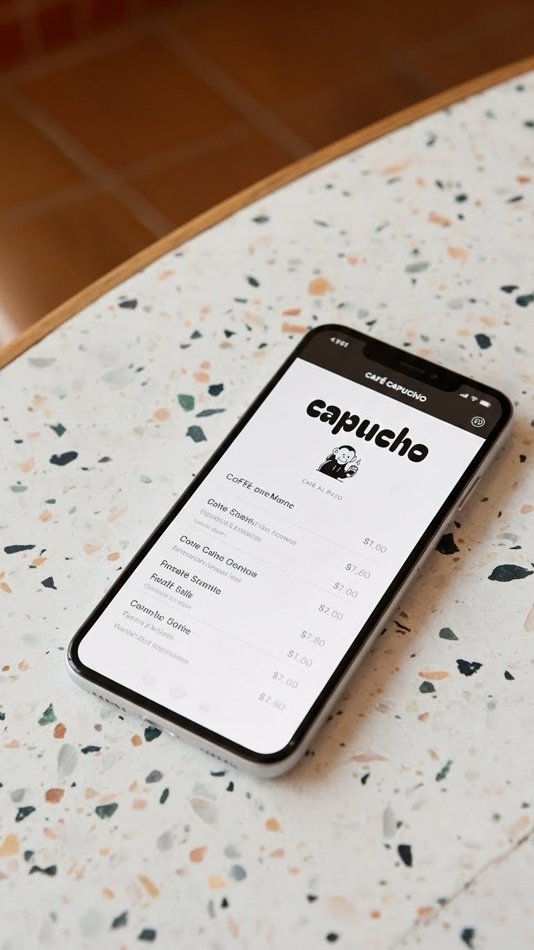 Aplicación móvil de Café Capucho mostrando el menú digital sobre mesa de cafetería