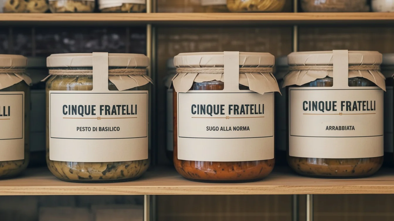 Frascos de salsa Cinque Fratelli sobre mesa de trabajo con etiquetas de marca y materiales de empaque