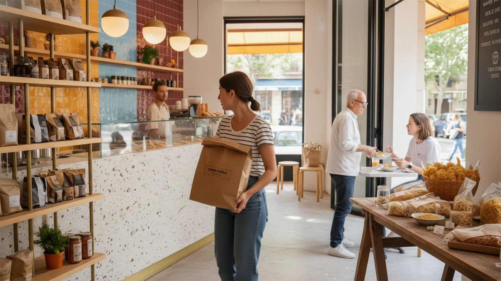 Clienta con bolsa Cinque Fratelli dentro de tienda gastronómica diseñada a medida