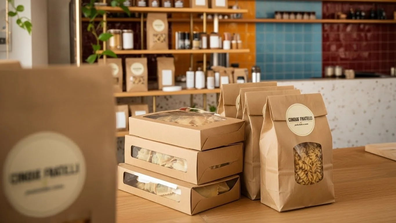 Bolsas y cajas de pasta artesanal Cinque Fratelli expuestas en interior de tienda