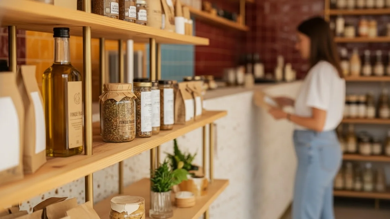Repisas de madera con productos Cinque Fratelli en interior de tienda gastronómica