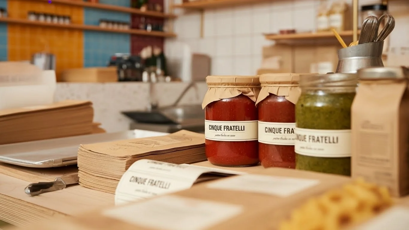 Frascos de salsas artesanales Cinque Fratelli sobre mostrador con etiquetas de branding