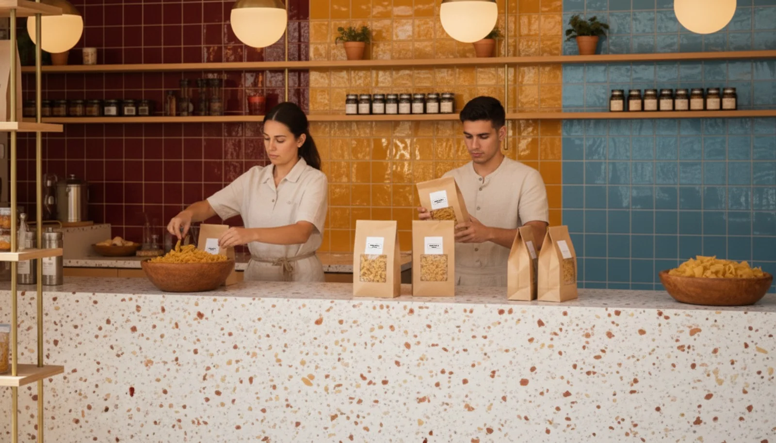 Personal de Cinque Fratelli preparando productos artesanales en mostrador de diseño con azulejos de colores