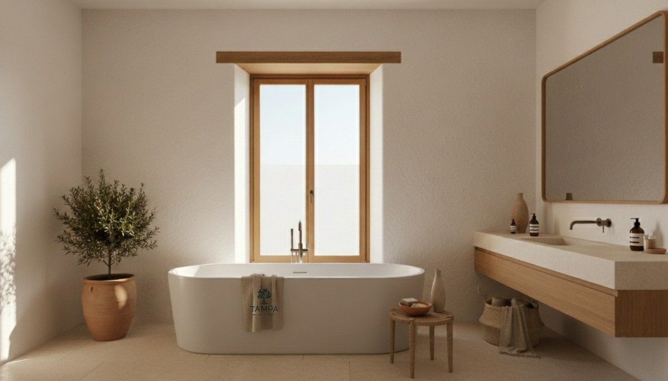 Baño del hotel Tampa con bañera independiente, lavatorio suspendido y luz natural