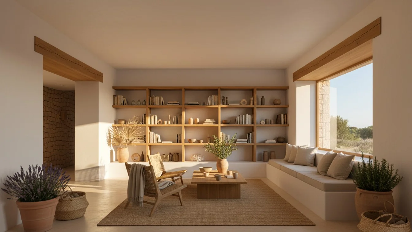 Espacio de estar del hotel Tampa con banco junto a la ventana, estanterías de madera y decoración mediterránea