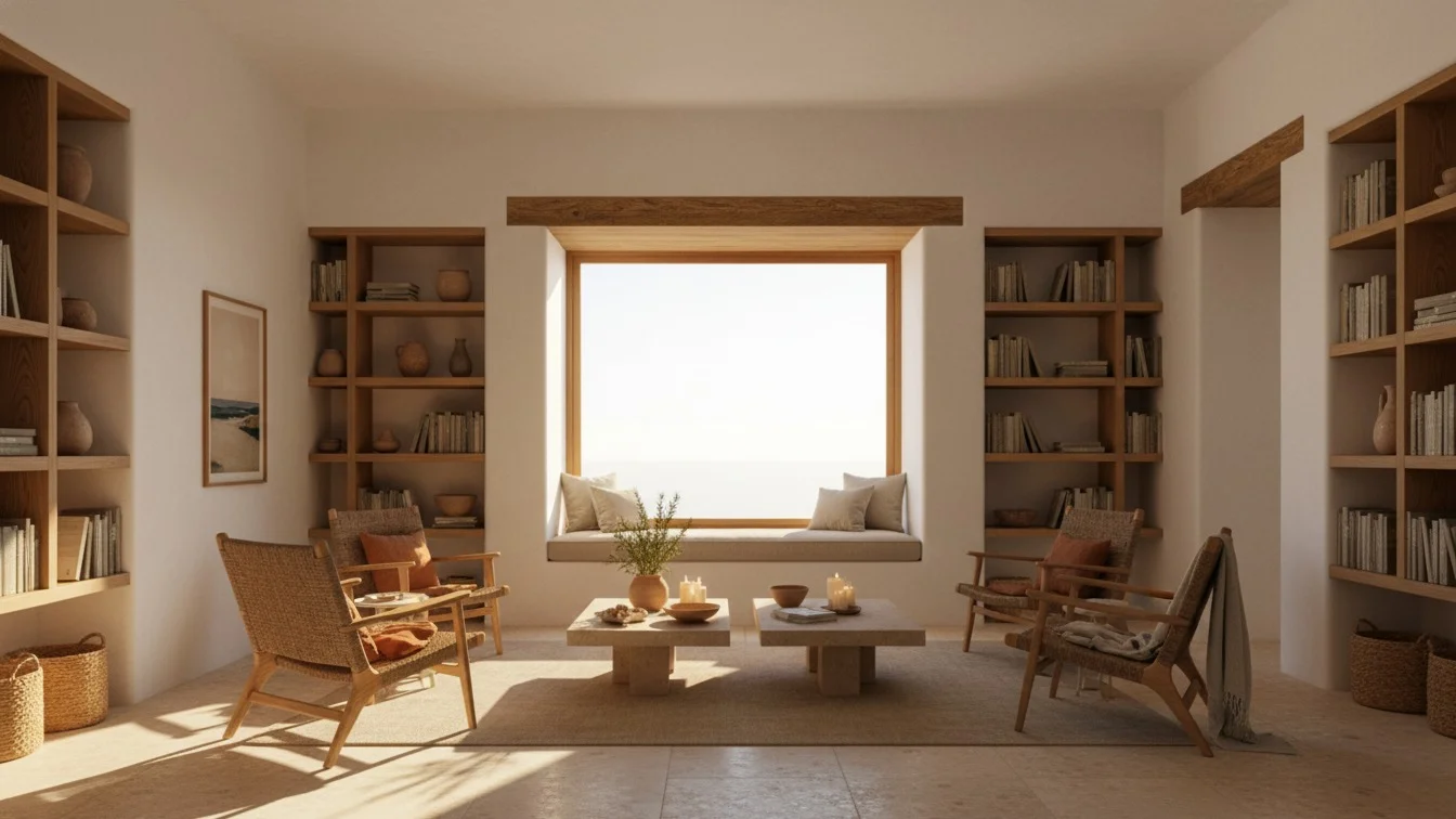 Sala de estar del hotel Tampa con sillones de madera, biblioteca integrada y ventana central con luz natural