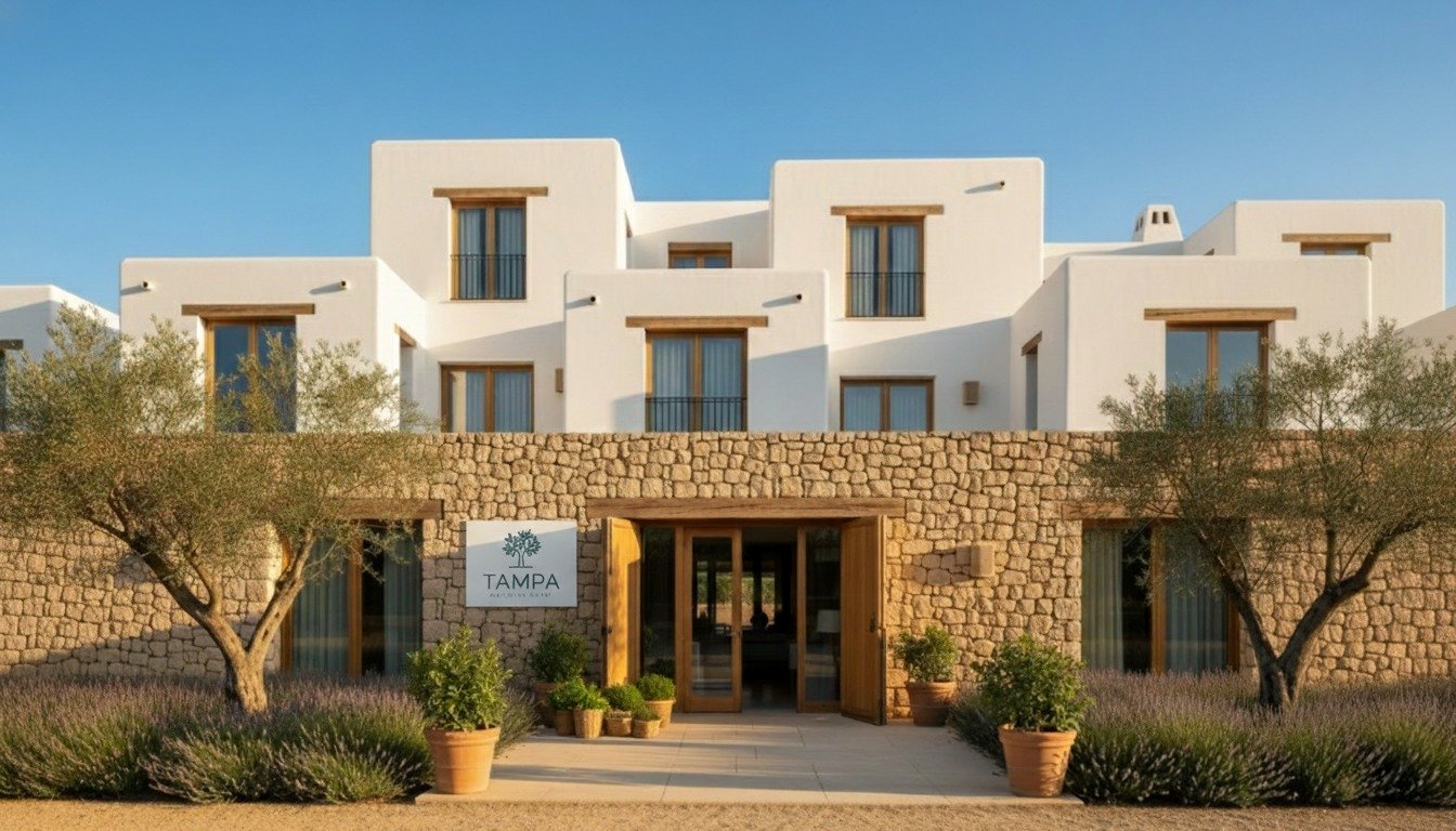Fachada del Hotel Tampa con piedra natural, volúmenes blancos y diseño mediterráneo