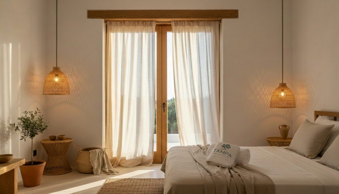 Habitación del Hotel Tampa con arquitectura mediterránea, textiles naturales y luz cálida
