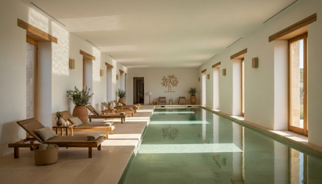 Piscina interior del Hotel Tampa con diseño mediterráneo, luz natural y espacios de relax