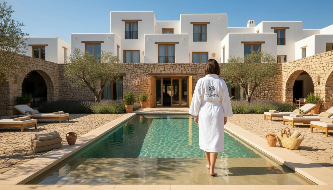 Piscina exterior del Hotel Tampa con arquitectura mediterránea y zonas de descanso
