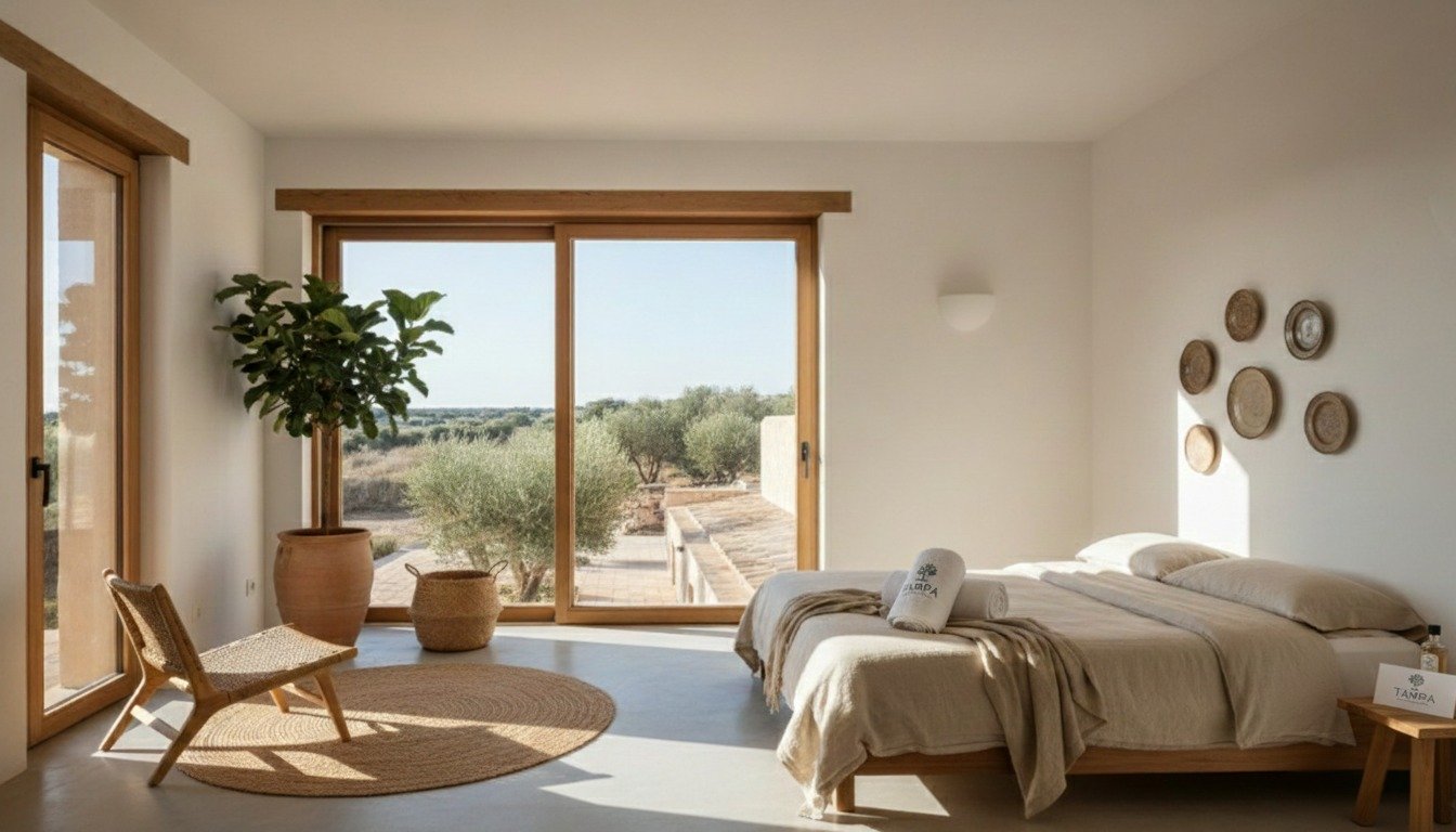 Diseño de interiorismo del dormitorio del Hotel Tampa con vista exterior y materiales naturales