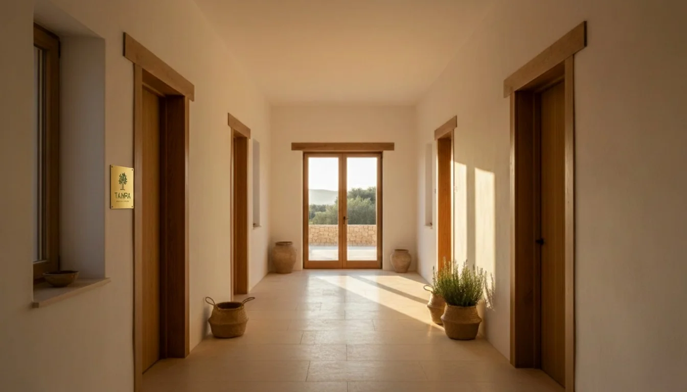 Pasillo interior del Hotel Tampa diseñado con materiales naturales