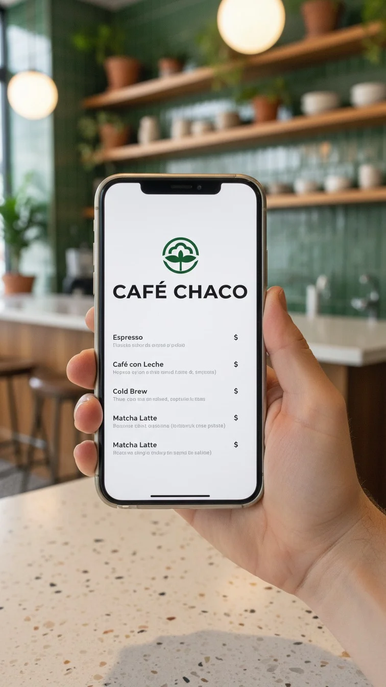 Teléfono móvil mostrando el menú digital de Café Chaco dentro del local, con estanterías y plantas de fondo