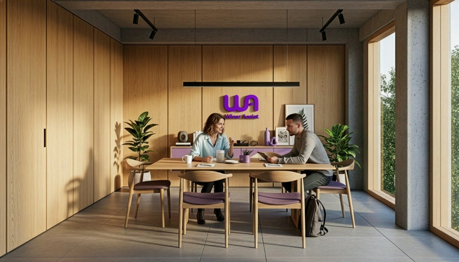 Vista general de la sala de reuniones diseñada para el equipo de Wiser Assist